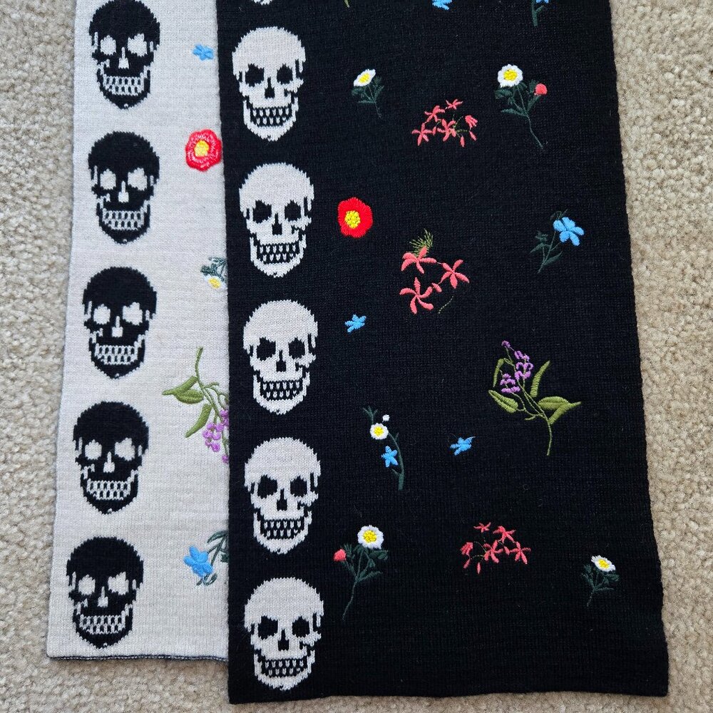 Skull Cashmere Embroidered Wool/Cashmere Scarf Skulls and Flowers - Picture 1 of 16